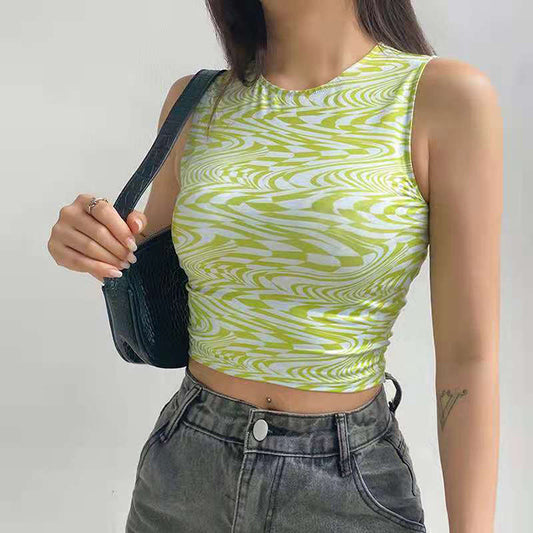 Women Clothing Printed Sexy Round Neck Slim Fit Cropped Vest