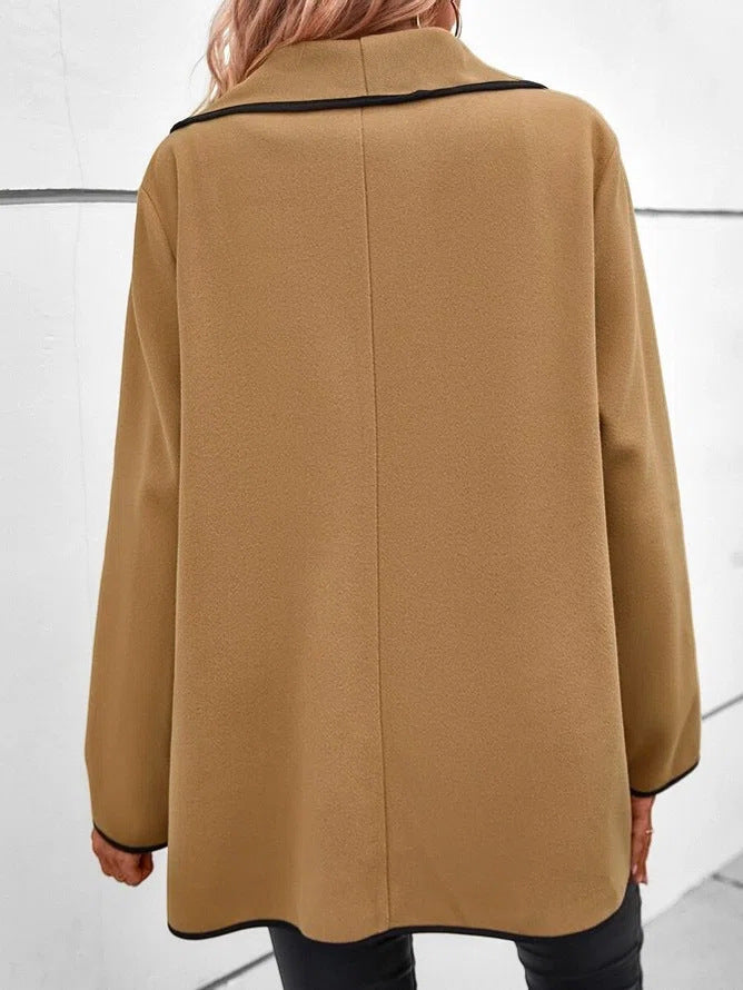 Autumn Winter Solid Color Polo Collar Slim Fitting All Matching Long Sleeved Woolen Coat Women