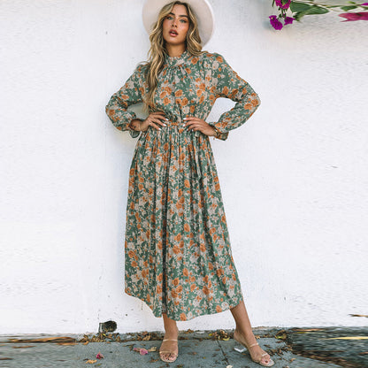 Green Pleated Long Sleeved Floral Dress with Tie Waist Trimming Dress