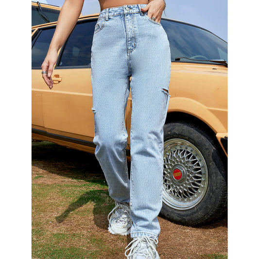 Women Clothing High Waist Wide Leg Loose Mop Draping Ripped Denim Trousers