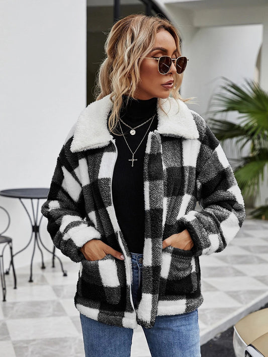 Autumn Winter Zipper  Collared Plush Plaid Coat Loose Office Women Outerwear