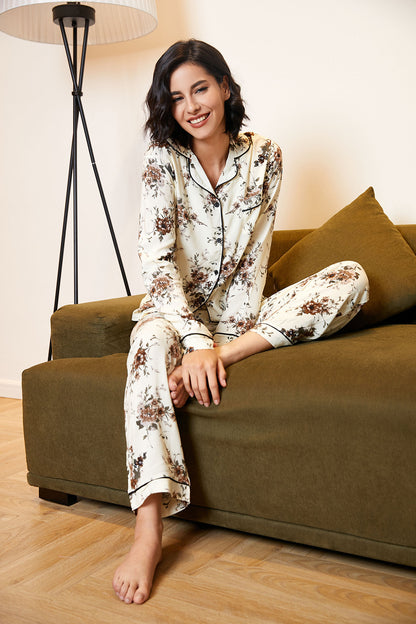 Home Wear Four Seasons Cardigan Long Sleeve Collared Top Trousers Floral Print Pajamas Can Be Worn outside