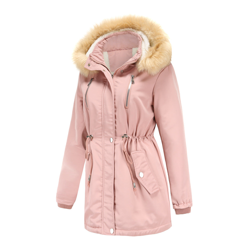 Autumn Winter  Women Clothing Thick Lambskin Cotton-Padded Coat Women Loose Women Cotton Clothes Removable Hat Fleece Padded Coat