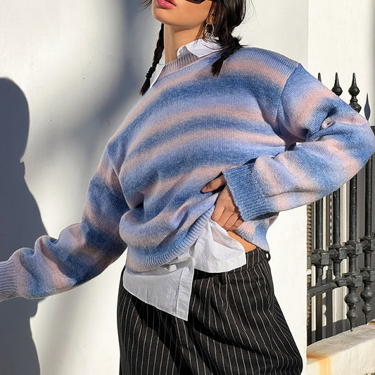 Autumn Winter Rainbow Striped Gradient Color Round Neck Long Sleeve Casual Pullover Sweater Women