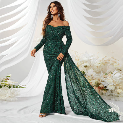 Dress Premium Sequined off Shoulder Long Sleeve Ball Gown Fishtail Dress