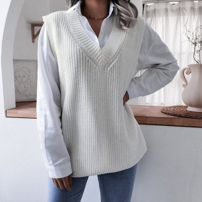 Autumn Winter  V-neck Casual Loose Knitted Sweater Vest Jacket Women Clothing