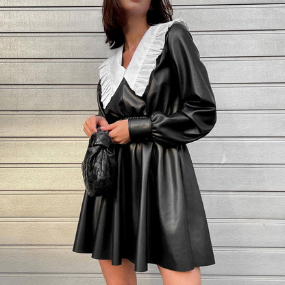 Autumn Winter Faux Leather  Dress Doll Collar Fitted Waist High Waist Long Sleeve Black Punk Street Women