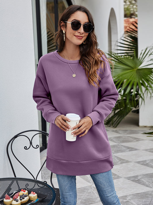 Women Clothing Autumn Winter round Neck Pocket Mid Length Casual Loose  Women Sweatshirt