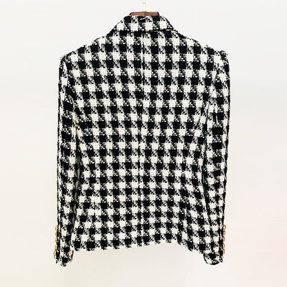 Autumn Winter Double-Breasted Slim Houndstooth Woolen Tweed Blazer Jacket