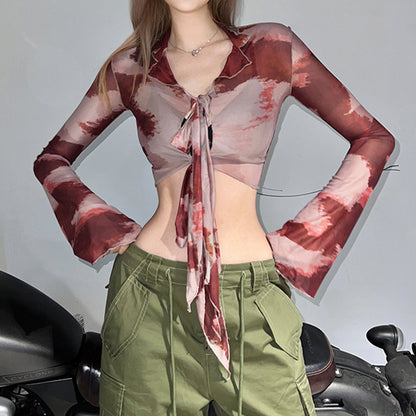 Spring Summer Niche Tie Dye Contrast Color Collar Hollow Out Cutout out Strap Skinny Short Long Sleeve Smock Top