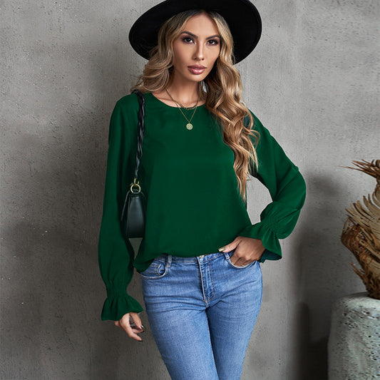 Solid Color Long Sleeved T shirt Women Spring Autumn round Neck Pullover Ruffled Puff Sleeve Top Women