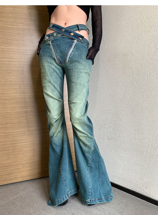 Fashionable Minority Trousers Summer Pioneer Slim Fit Hollow Out Cutout High Waist Pleated Placket Sexy Denim Bell Bottom Pants