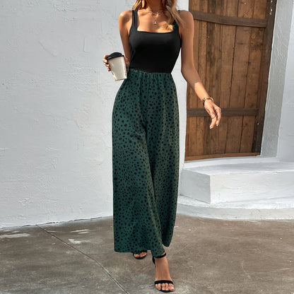 Women Clothing Printed Vest Jumpsuit Long Waist Slimming Wide Leg Pants