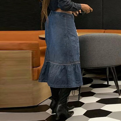 Women Clothing Denim Skirt Autumn Denim Retro Irregular Asymmetric Drawstring Denim Long Skirts