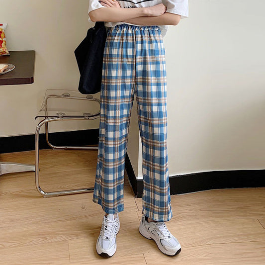 Elegant Blue Straight Leg Pants Women Plaid Loose Fitting