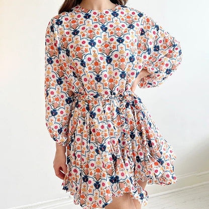 Round Neck Casual Shirt Sleeve Waist Tight Thin Looking Cool Plant Floral Print Floral Dress