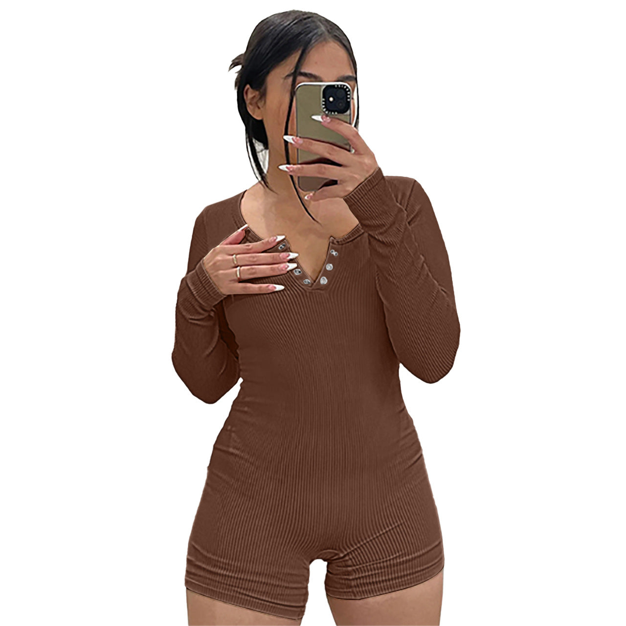 Women Clothing Spring Thread round Neck Breasted Sports Casual Romper