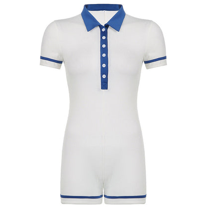 Sports Women Clothing Tennis Polo Collar Button Contrast Color Binding Tape Slim Fit Bodysuit