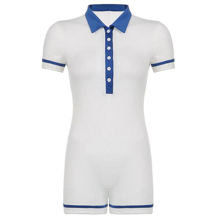 Sports Women Clothing Tennis Polo Collar Button Contrast Color Binding Tape Slim Fit Bodysuit