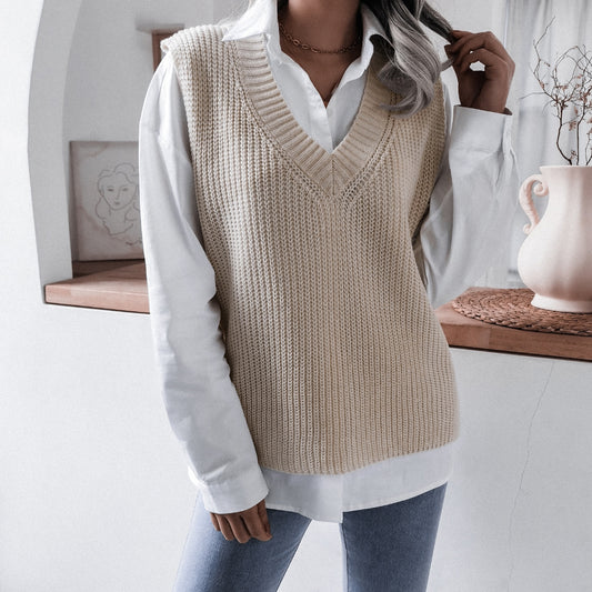 Autumn Winter  V-neck Casual Loose Knitted Sweater Vest Jacket Women Clothing