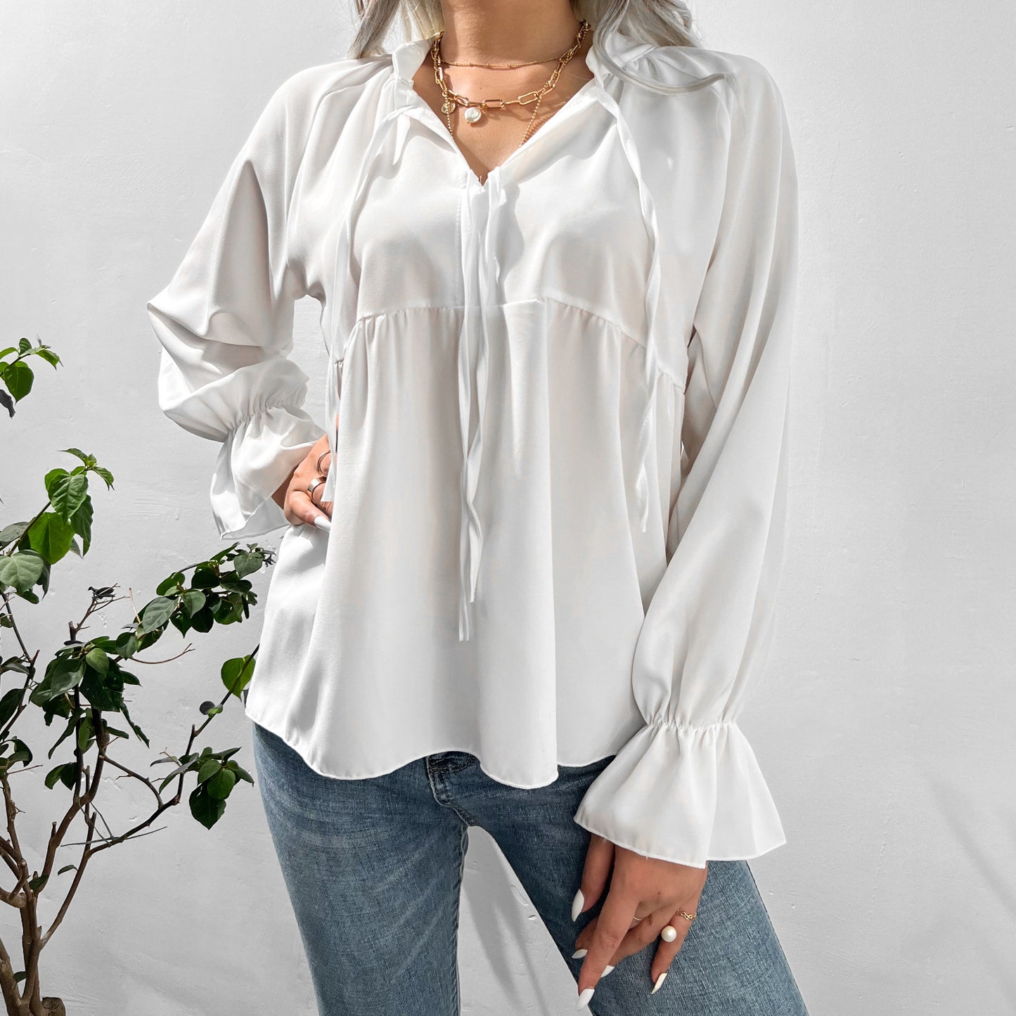 Autumn Winter White Shirt Bell Sleeve Bow Casual Top