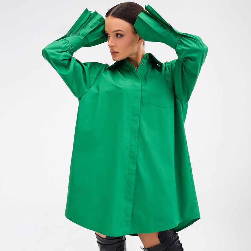 Autumn Clothing Retro Green Loose Long Sleeve Long Shirt Women Oversized Shirt