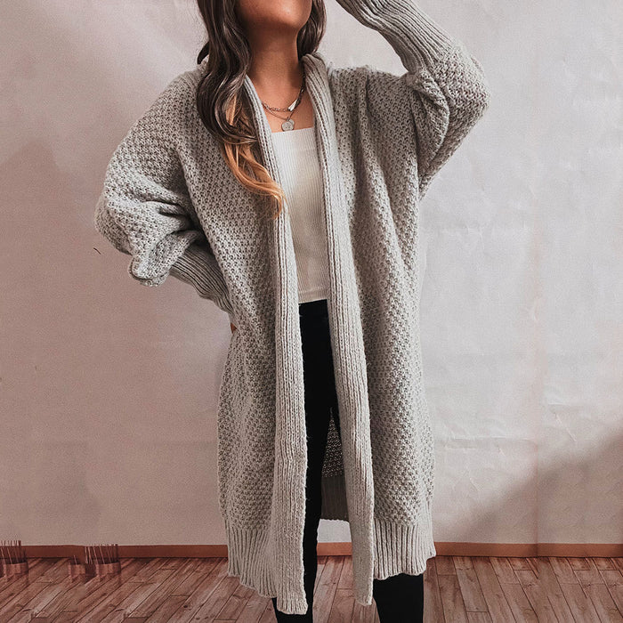 Loose Solid Color Batwing Sleeve Scarf Collar Collared Knitted Long Cardigan Sweater Coat Women