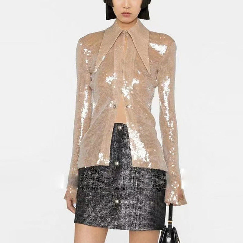 Star Fashionable with Side Slit Bell Sleeve Transparent Sequ Glitter Gauzy Shirt Top