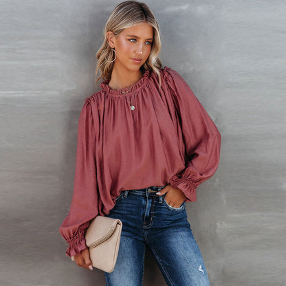 Red Ruffled Long Sleeved T shirt Women Autumn round Neck Top