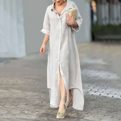 Women Clothing Summer Casual Half Sleeved Loose Solid Color Dress