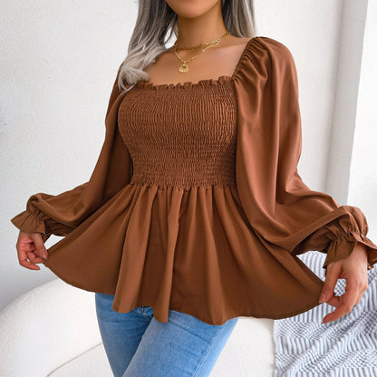 Spring Summer Casual Wooden Ear Square Collar Long Sleeve Chiffon Shirt Women Clothing