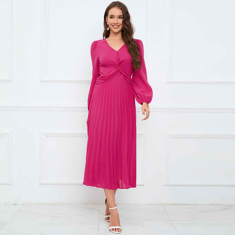 Women Clothing Long Sleeve V Neck Slim Fit Pleated Dress Solid Color Lantern Sleeve Maxi Dress Popular