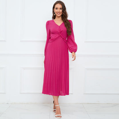 Women Clothing Long Sleeve V Neck Slim Fit Pleated Dress Solid Color Lantern Sleeve Maxi Dress Popular