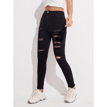 Summer Jeans Women Black Stretch Slim Ripped Ankle-Tied Pencil Pants
