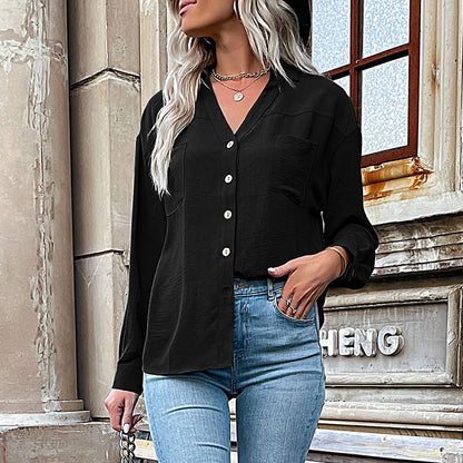 Autumn Women Clothing Polo Collar Solid Color Shirt Women