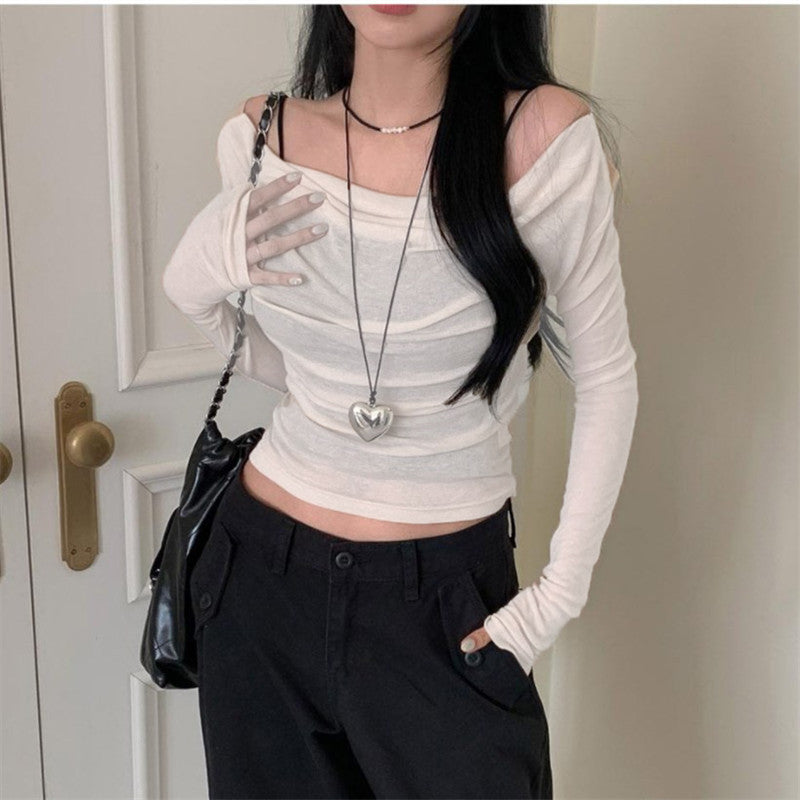 Multiple Wear Swing Collar Solid Color Thin Bottoming Shirt Women Autumn Slim Fit Pullover Micro Transparent Long Sleeve T Shirt