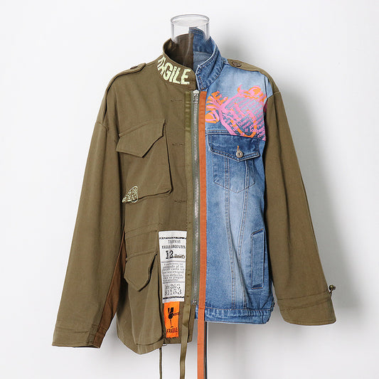 Street Hipster Winter Irregular Asymmetric Stitching Small Stand Collar Zipper Collage Short Personalized Denim Jacket