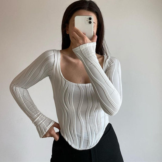 Summer French Design Pleated U Collar Simple Solid Color Slim Fit Long Sleeves Top  Women