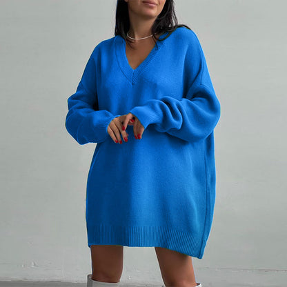 Autumn Winter Long Sleeve V Neck Casual Loose Knitted Pullover Long Sweater Dress Knitwear For Women