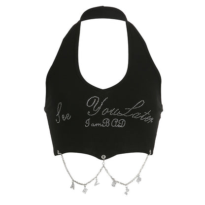 Trend Sweet Cool Sexy Letter Graphic Rhinestone Metal Chain Decoration Sexy Wind Cropped Halterneck Vest