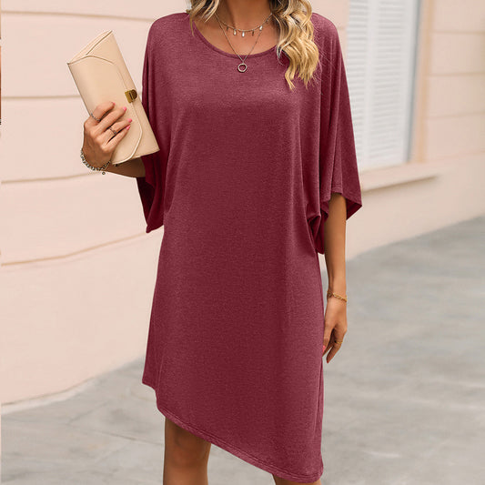 Round Neck Half Sleeve Mid Length Irregular Asymmetric Dress Casual T shirt Loose Dress