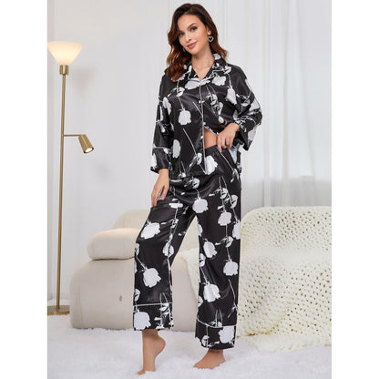 Women Spring Autumn Artificial Silk Plant Printed Long Sleeved Trousers Home Wear Suit