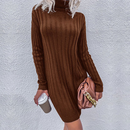 Autumn Winter Women Wear Sunken Stripe Turtleneck Long Sleeve Loose Sweater Dress