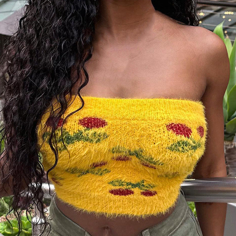 Knitted Plush Floral Tube Top Autumn Sexy Sexy Slim Fit Inner Wear Sweater Vest