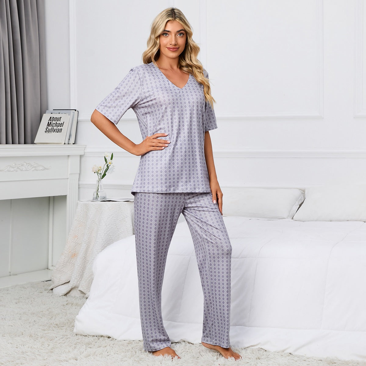 Short Sleeve Round Neck Printed Top Trousers Suit Pajamas Homewear