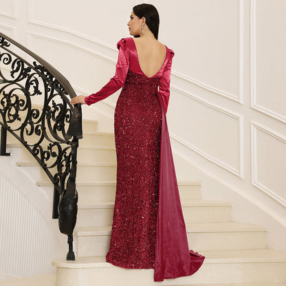 Red Evening Dress Women High Grade Off Shoulder Backless Sequined Toast Dress Cocktail