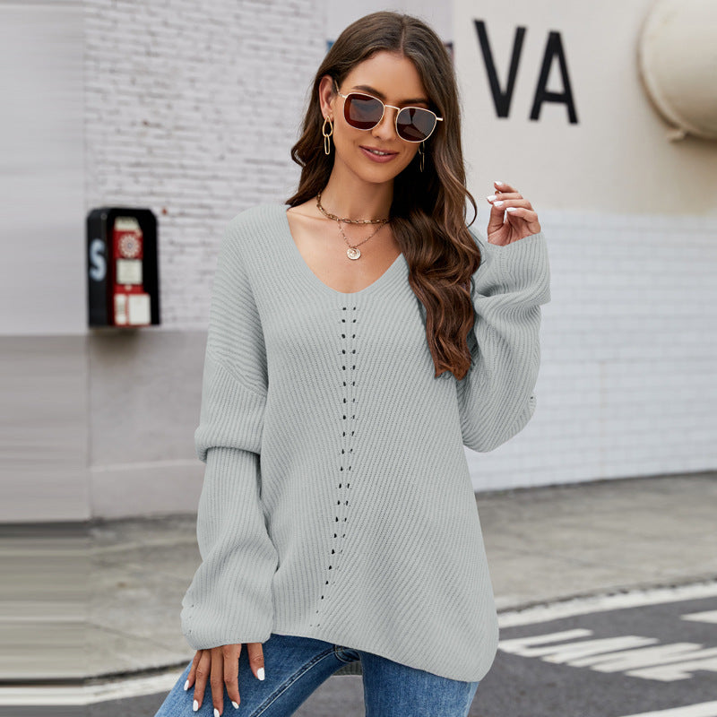 Women Clothing V Neck Casual Pullover Women Loose Long Sleeve Sweater