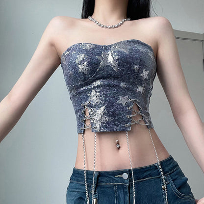 Denim Sequined Star Element Stitching Sexy Small Shawl Tube Top Drawstring Slim Fit Chain Split Inner Vest