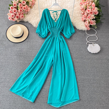 Socialite Elegant V neck Straight Leg Wide Leg Light Luxury Backless Mopping Casual Summer Jumpsuit