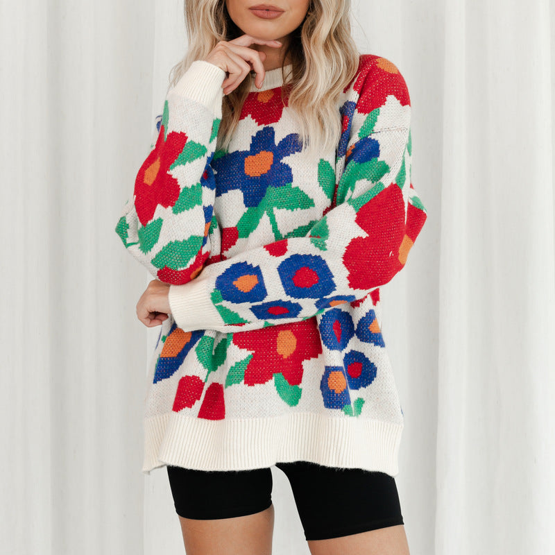 Autumn Winter Large Floral Embroidery round Neck Loose Long Sleeves Knitted Sweater Pullover Women